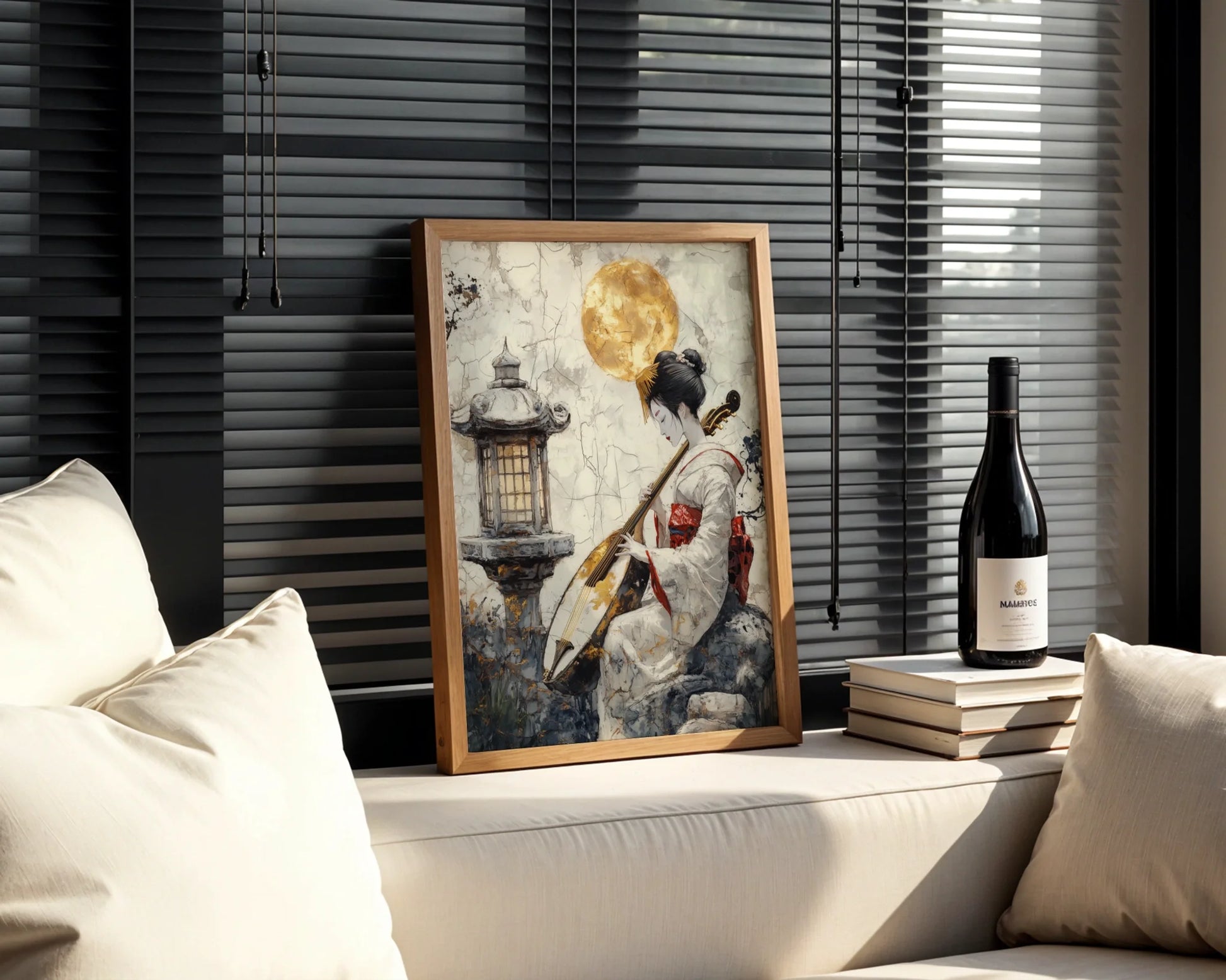 Japanese Geisha Art Shamisen Gold Moon Japandi Canvas Print — Scandinavian dining space displaying classical entertainer with wooden instrument wall hanging