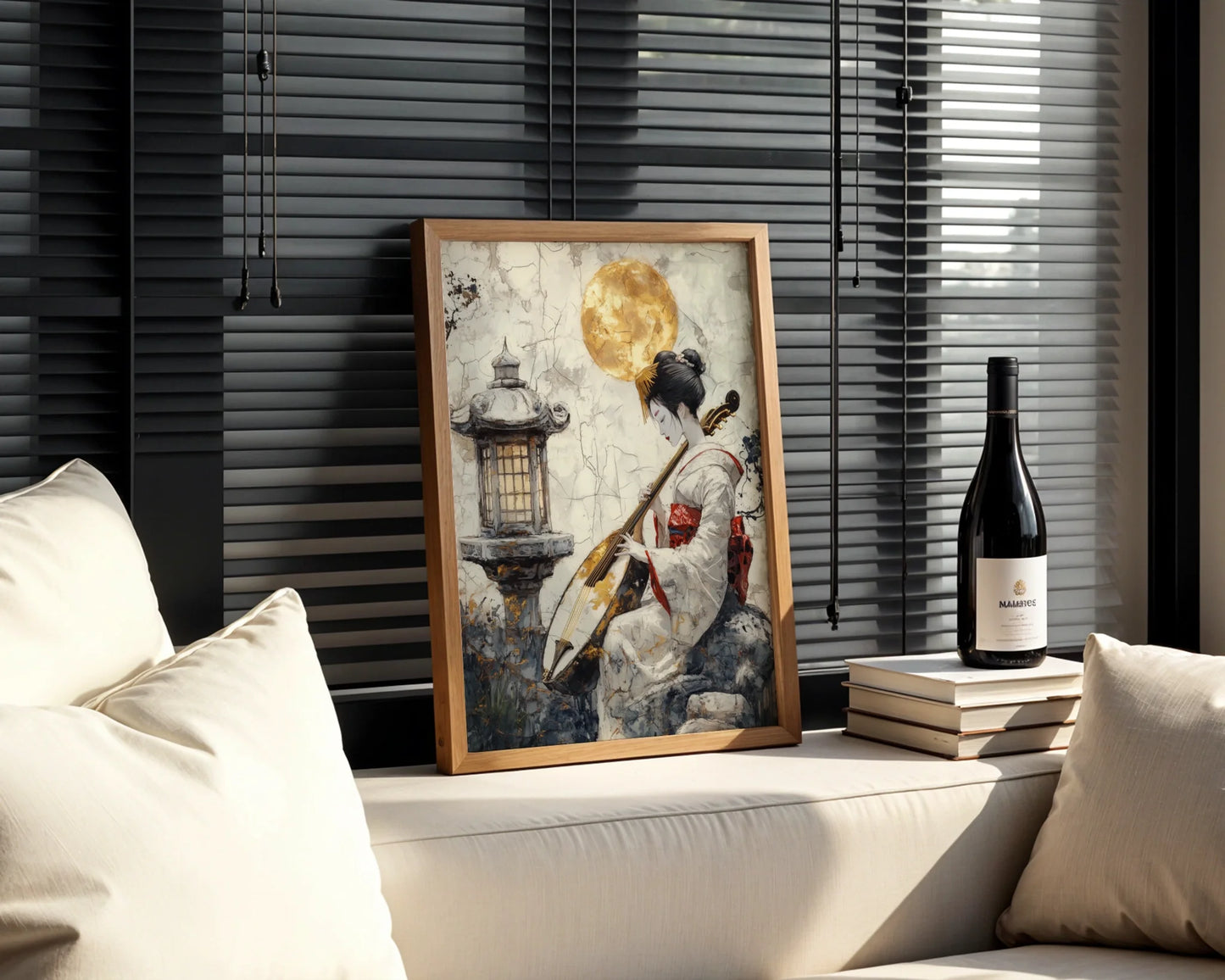 Japanese Geisha Art Shamisen Gold Moon Japandi in room