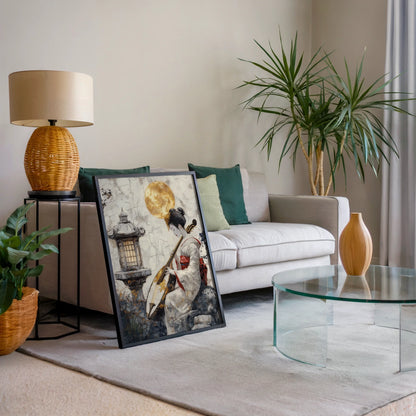 Japanese Geisha Art Shamisen Gold Moon Japandi Canvas Print — Modern farmhouse setting with aged stone beacon artwork creating tranquil Asian-inspired ambiance