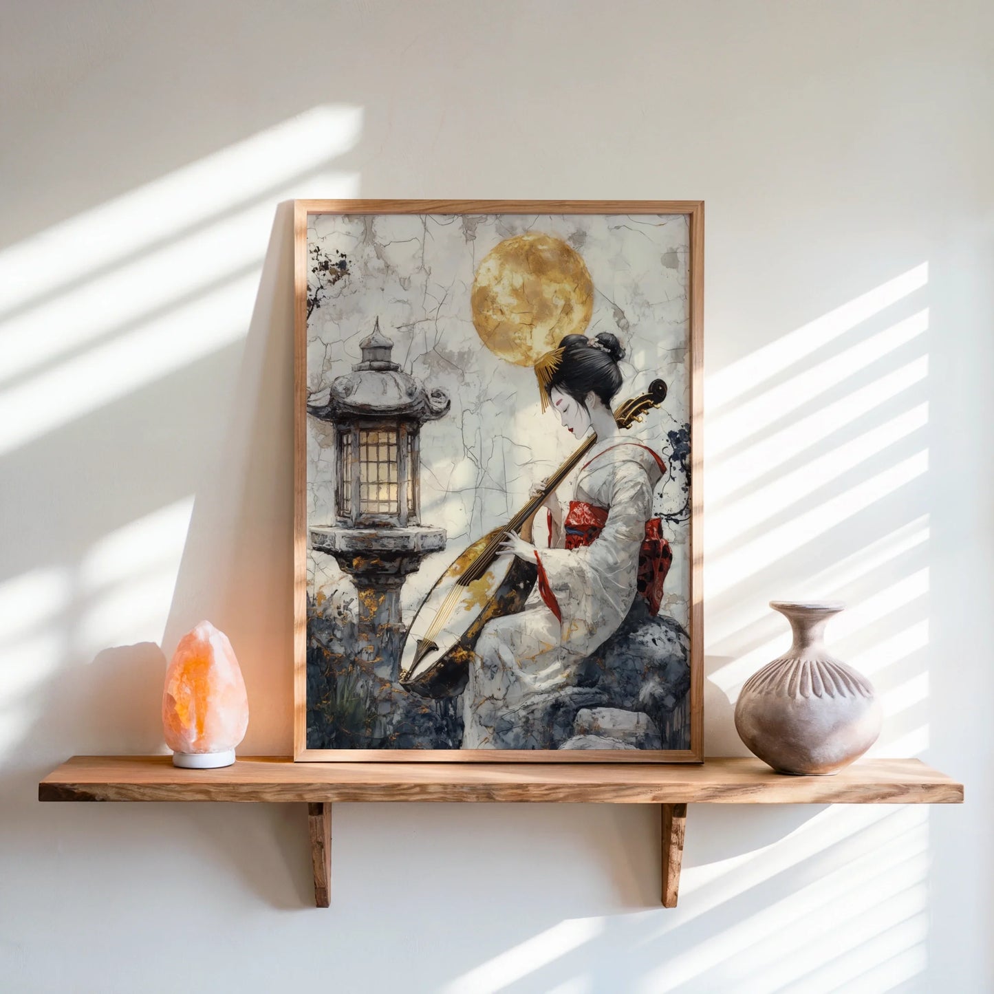 Japanese Geisha Art Shamisen Gold Moon Japandi Canvas Print — Cream and amber tones create sophisticated gallery display in neutral contemporary interior design