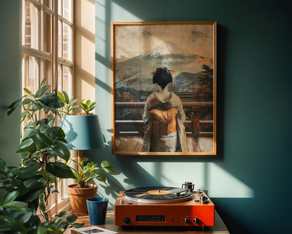 Geisha Mount Fuji Japandi Morning Mist in room