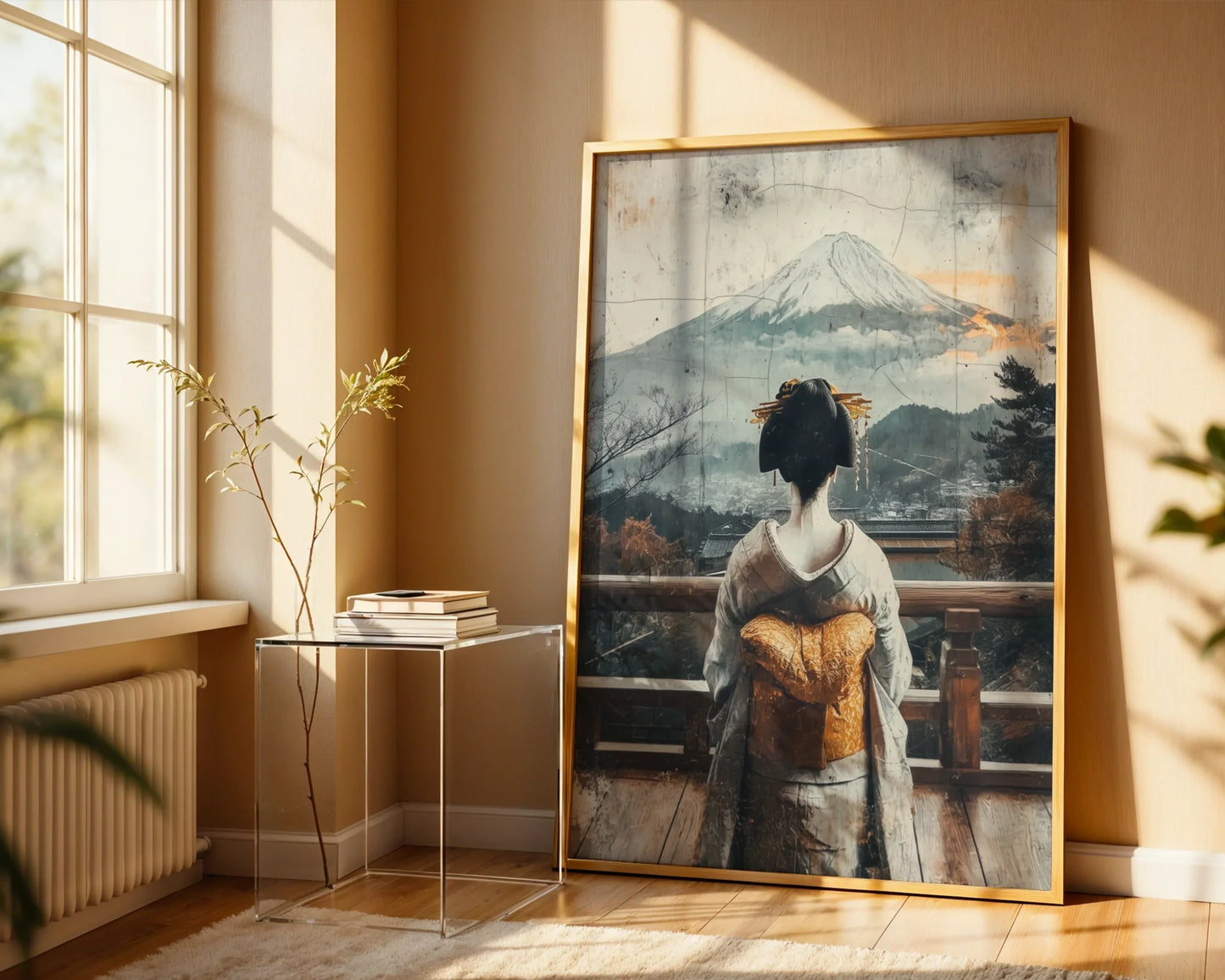 Geisha Mount Fuji Japandi Morning Mist Canvas Wall Art — Contemporary Asian-inspired canvas showcasing female figure in flowing robes amid misty landscape