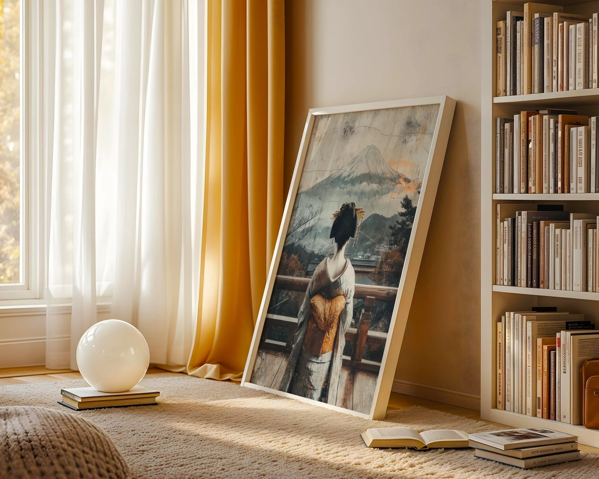Geisha Mount Fuji Japandi Morning Mist Canvas Wall Art — Serene oriental home accent displaying weathered cultural imagery for tranquil living spaces
