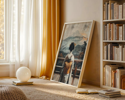 Geisha Mount Fuji Japandi Morning Mist Canvas Wall Art — Serene oriental home accent displaying weathered cultural imagery for tranquil living spaces