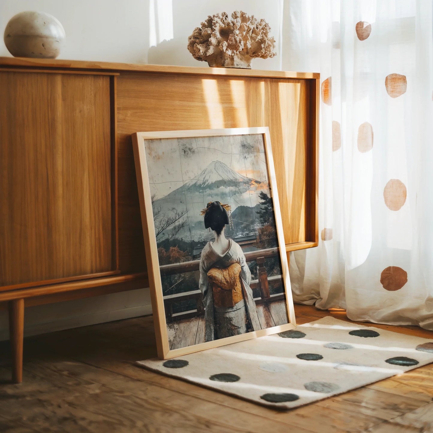 Geisha Mount Fuji Japandi Morning Mist in room