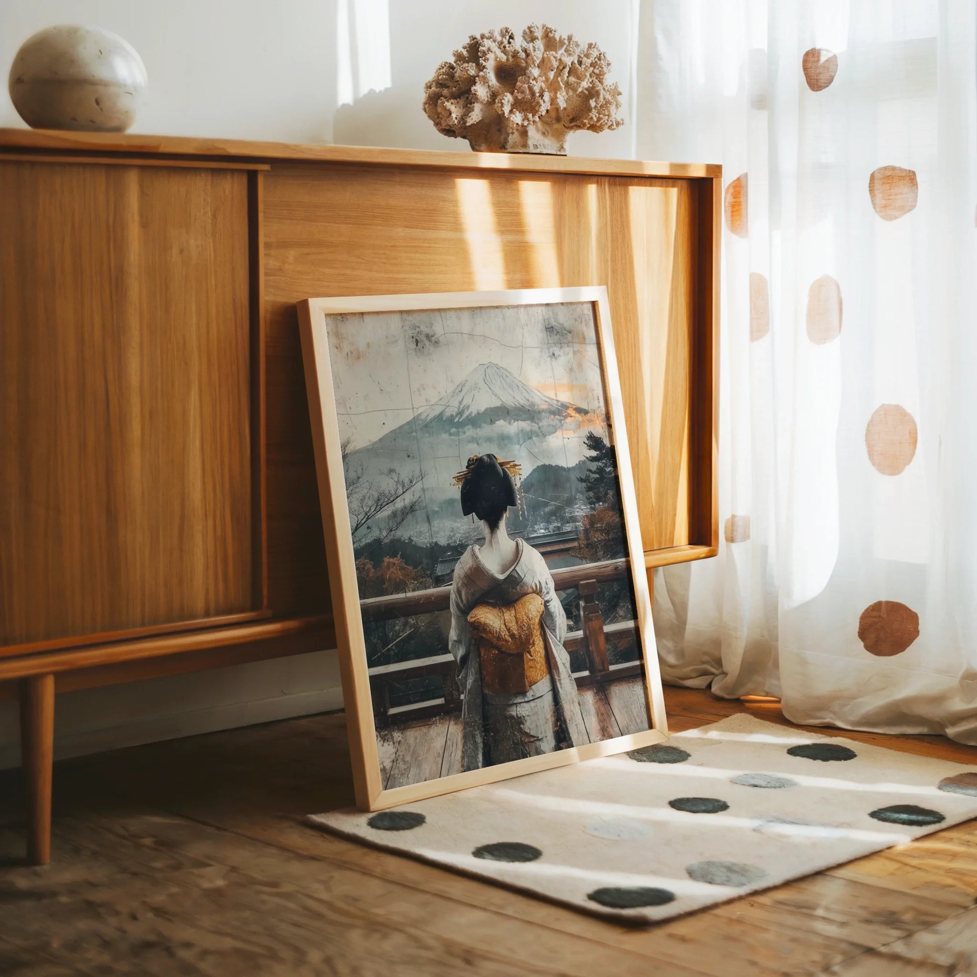 Geisha Mount Fuji Japandi Morning Mist in room
