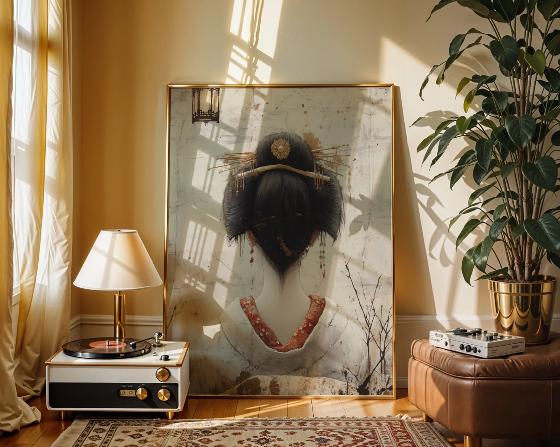 Geisha Back View Canvas Wall Art Golden Kanzashi Japandi Style — Imperfect beauty aesthetic featuring ornamental hair accessories in understated room design