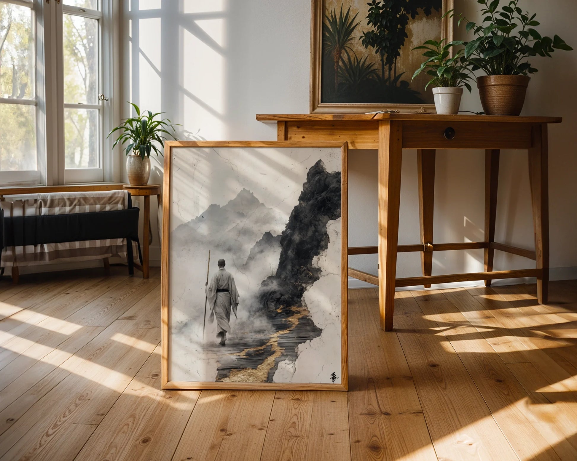 Zen Monk Mountain Path Japandi Fractured Reality Canvas Art — Scandinavian-inspired canvas featuring lone figure climbing misty peaks in minimalist living room setup