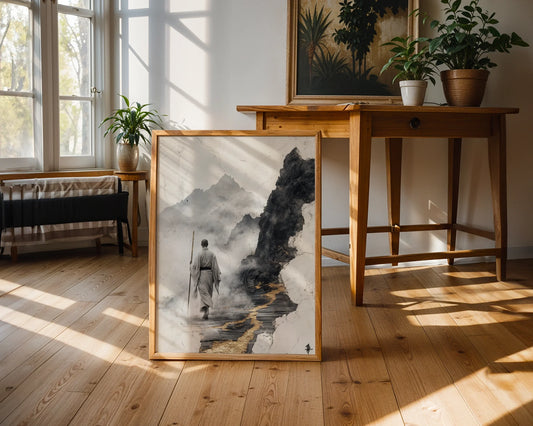Zen Monk Mountain Path Japandi Fractured Reality Canvas Art — Scandinavian-inspired canvas featuring lone figure climbing misty peaks in minimalist living room setup