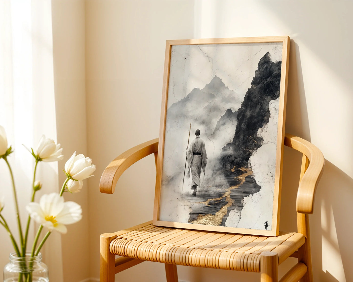 Zen Monk Mountain Path Japandi Fractured Reality Canvas Art — Wabi-sabi artwork showing peaceful traveler amid ethereal cliffs displayed in clean contemporary space
