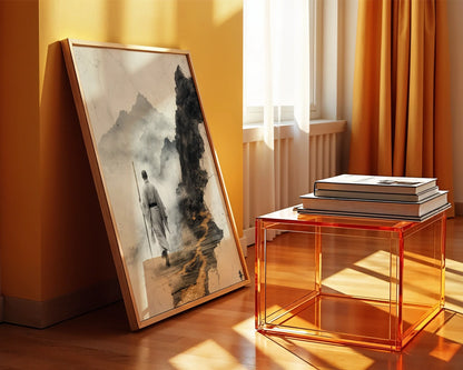 Zen Monk Mountain Path Japandi Fractured Reality Canvas Art — Oriental print depicting robed wanderer through foggy terrain styled in serene modern interior