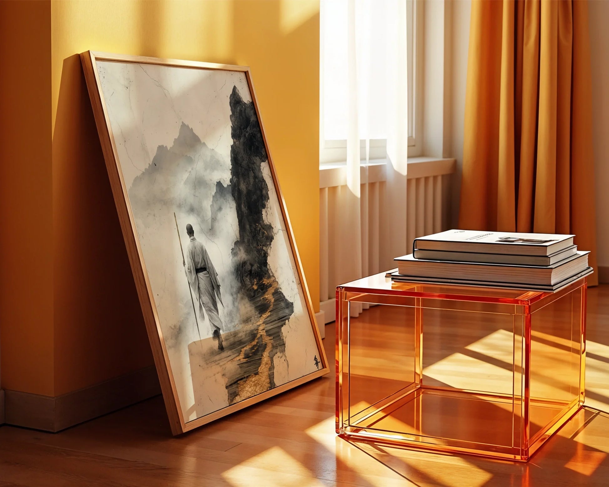Zen Monk Mountain Path Japandi Fractured Reality Art in room