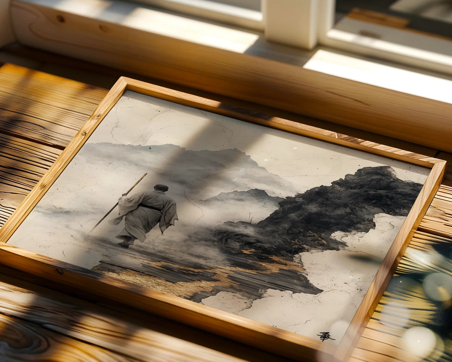 Zen Monk Mountain Path Japandi Fractured Reality Canvas Art — Mindful home styling with abstract summit landscape showing climbing pilgrim in neutral decor