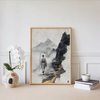 Zen Monk Mountain Path Japandi Fractured Reality Art in room