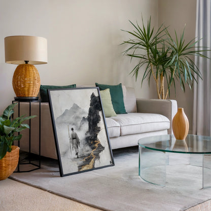 Zen Monk Mountain Path Japandi Fractured Reality Canvas Art — Smoky charcoal tones blend with cream highlights in textured canvas art for calming interiors