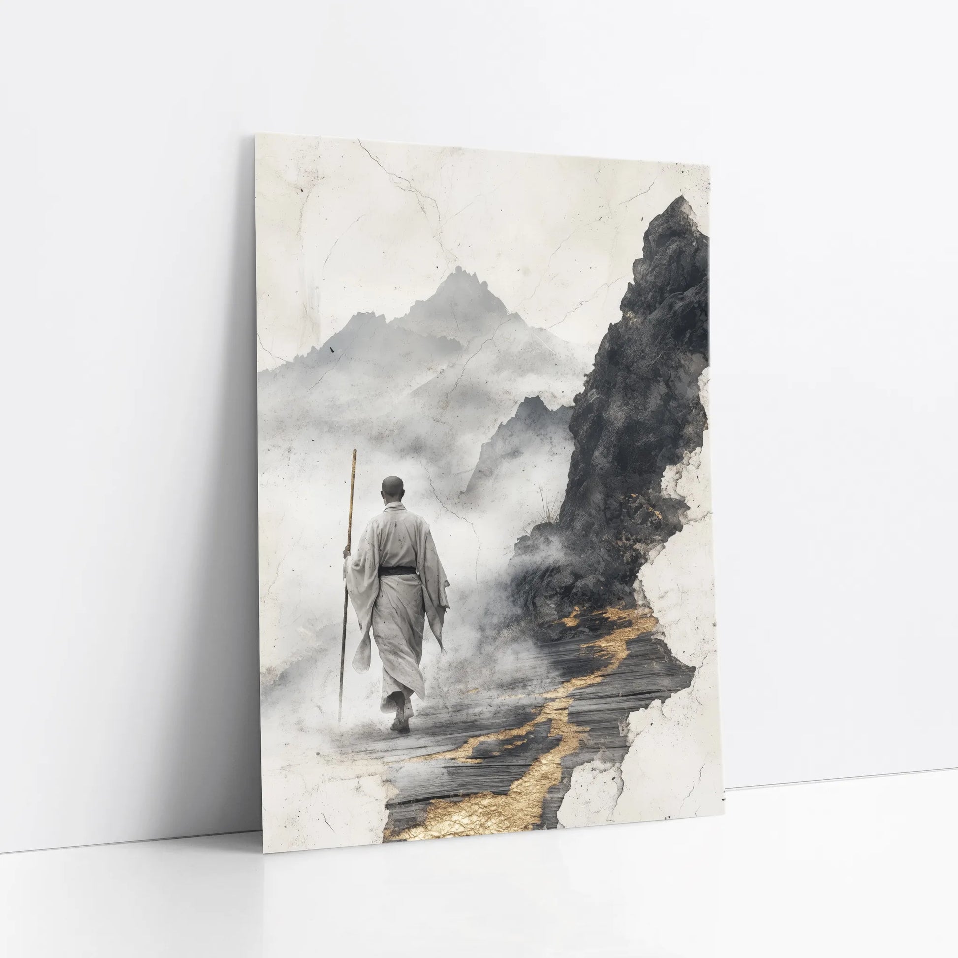 Zen Monk Mountain Path Japandi Fractured Reality Art art print