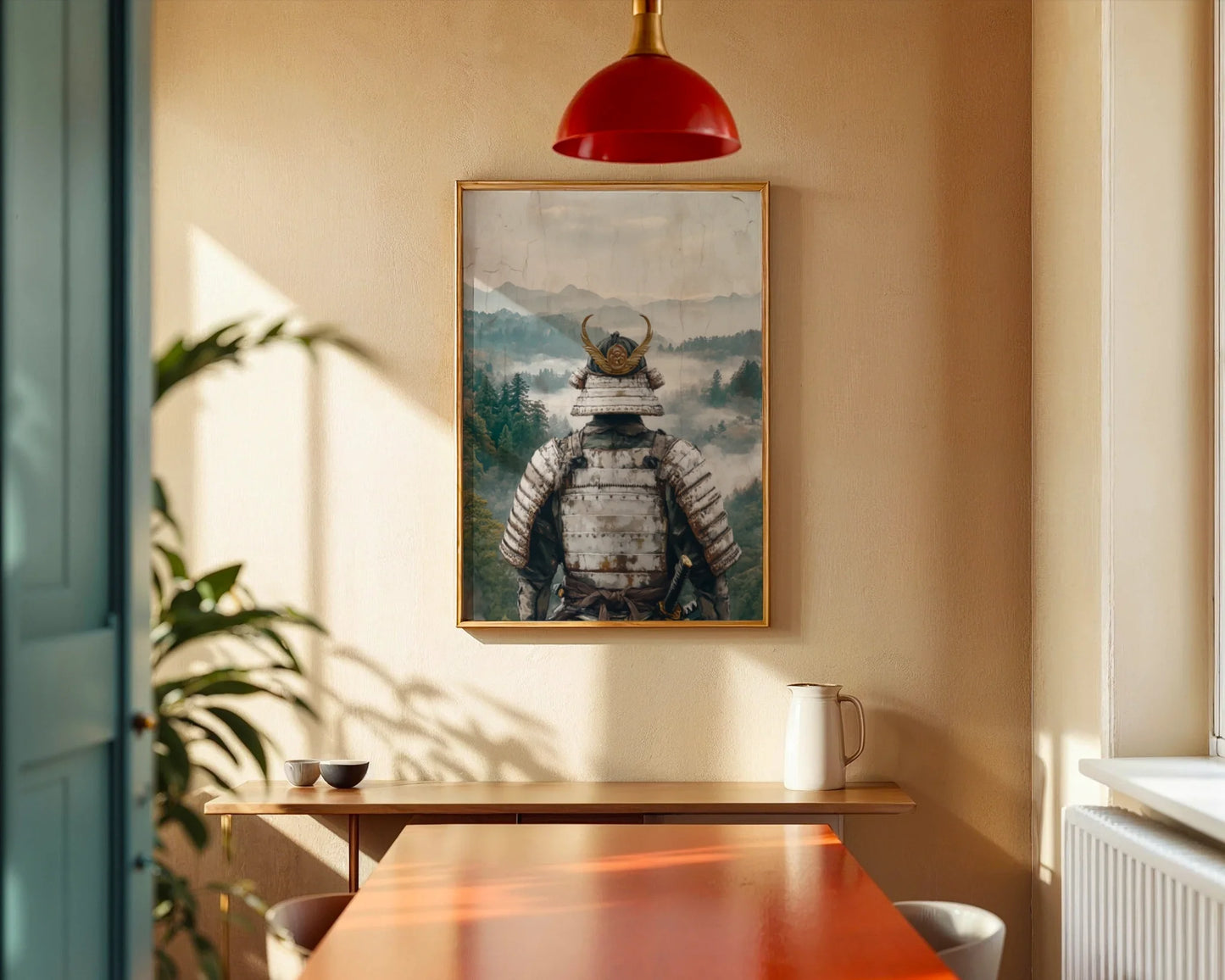 Samurai Warrior Mountain Mist Valley Japandi Canvas Wall Art — Minimalist Asian wall decor featuring contemplative warrior overlooking misty peaks in neutral tones