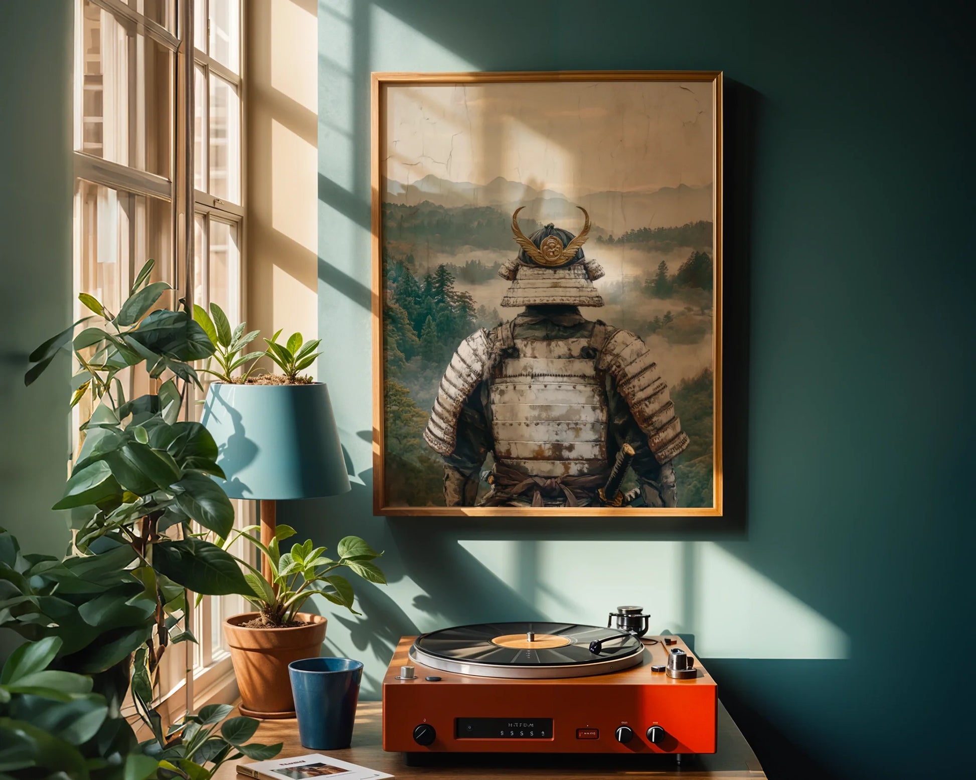 Samurai Warrior Mountain Mist Valley Japandi in room