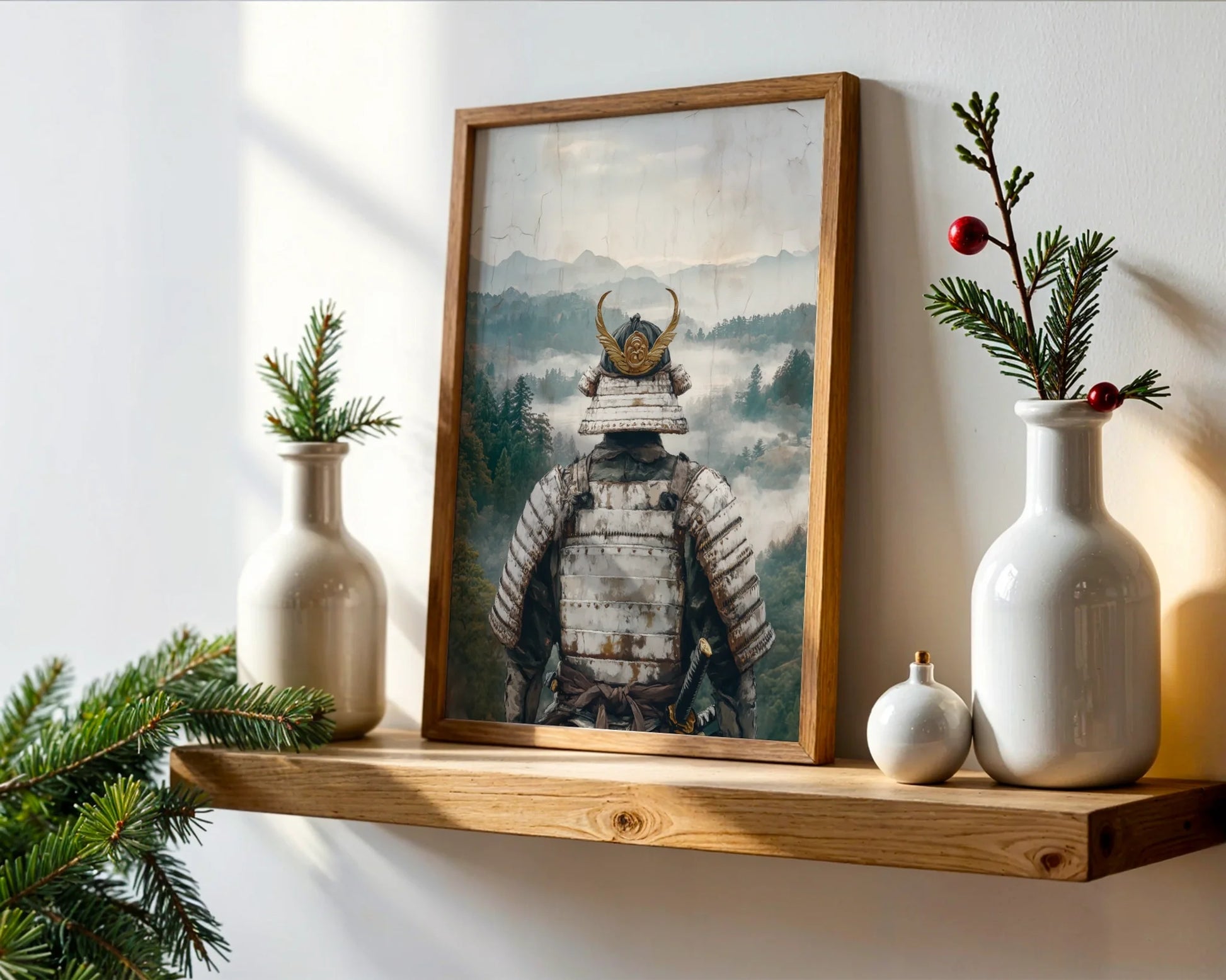 Samurai Warrior Mountain Mist Valley Japandi Canvas Wall Art — Serene meditation canvas displaying lone defender watching over peaceful mountain vista in soft hues