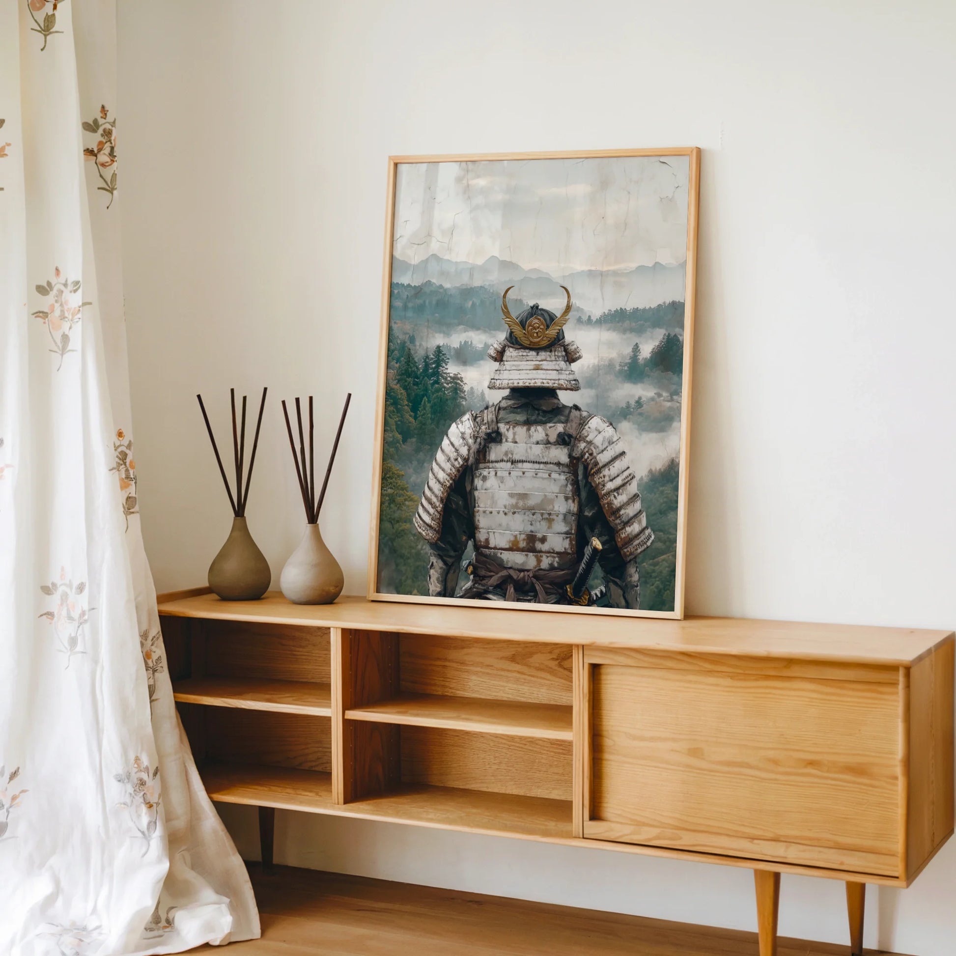 Samurai Warrior Mountain Mist Valley Japandi in room
