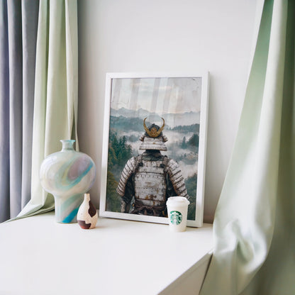 Samurai Warrior Mountain Mist Valley Japandi Canvas Wall Art — Weathered beige and steel gray canvas with aged paper texture showing figure in misty landscape