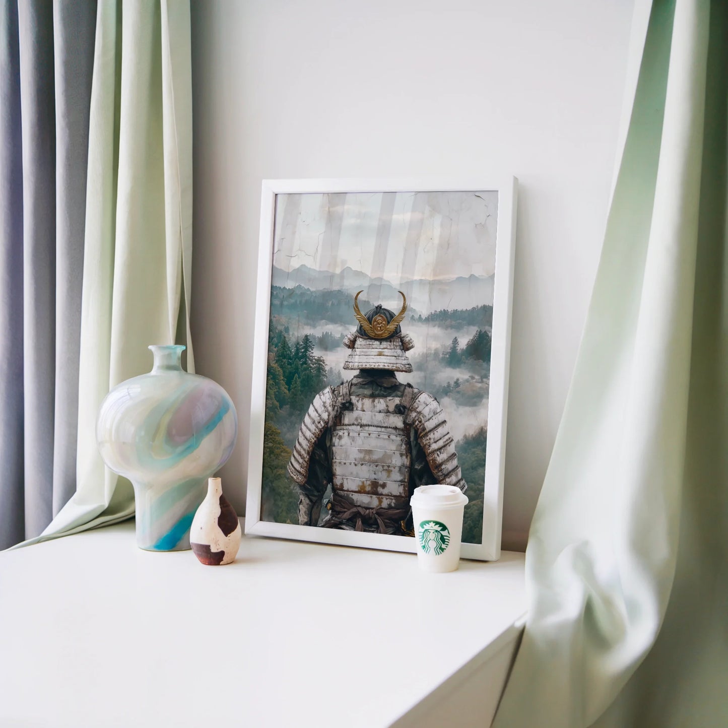 Samurai Warrior Mountain Mist Valley Japandi in room