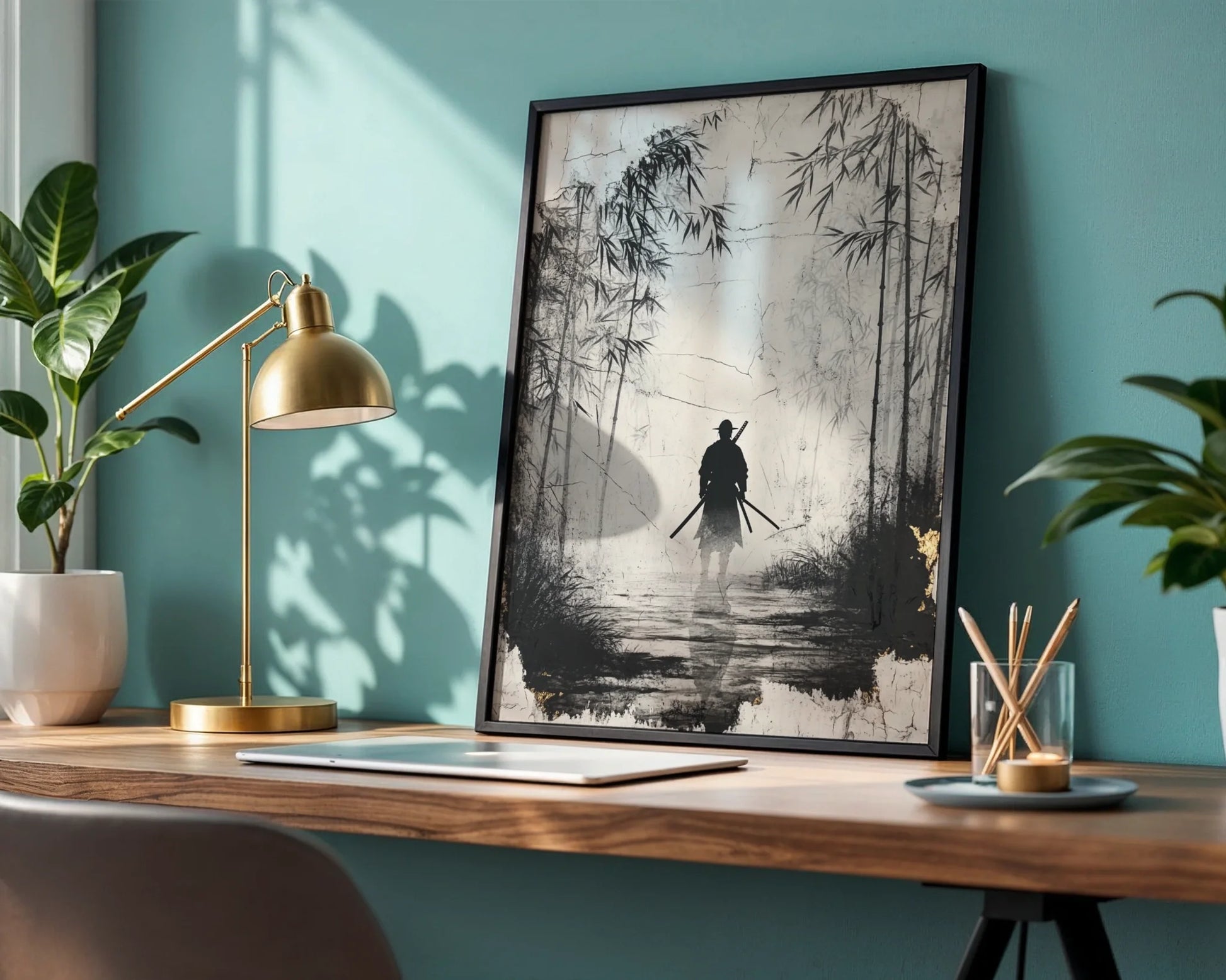 Samurai Bamboo Forest Japandi Twin Katana Canvas Wall Art — Clean Japandi aesthetic featuring shadowy figure with dual swords in foggy bamboo grove for modern decor