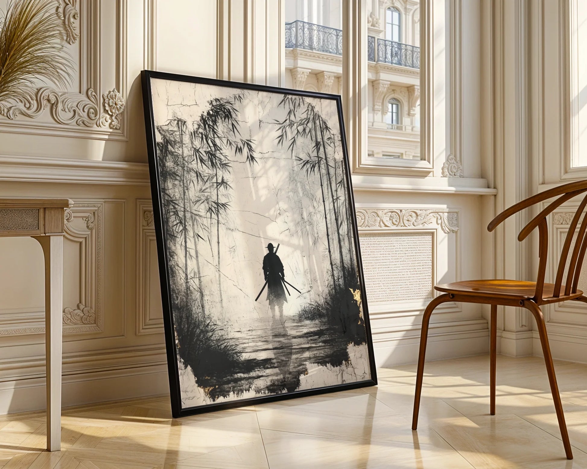 Samurai Bamboo Forest Japandi Twin Katana Canvas Wall Art — Tranquil Asian-inspired artwork showing hooded figure walking through misty bamboo pathway for zen living
