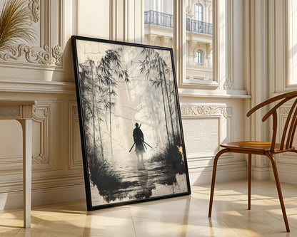 Samurai Bamboo Forest Japandi Twin Katana Canvas Wall Art — Tranquil Asian-inspired artwork showing hooded figure walking through misty bamboo pathway for zen living