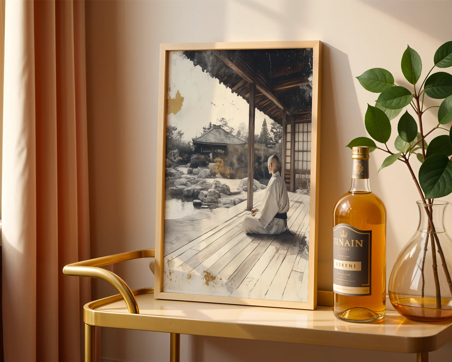 Zen Garden Art Monk Meditation Temple Canvas Wall Art — Clean-lined artwork featuring contemplative scene with frost-covered stones for contemporary spaces