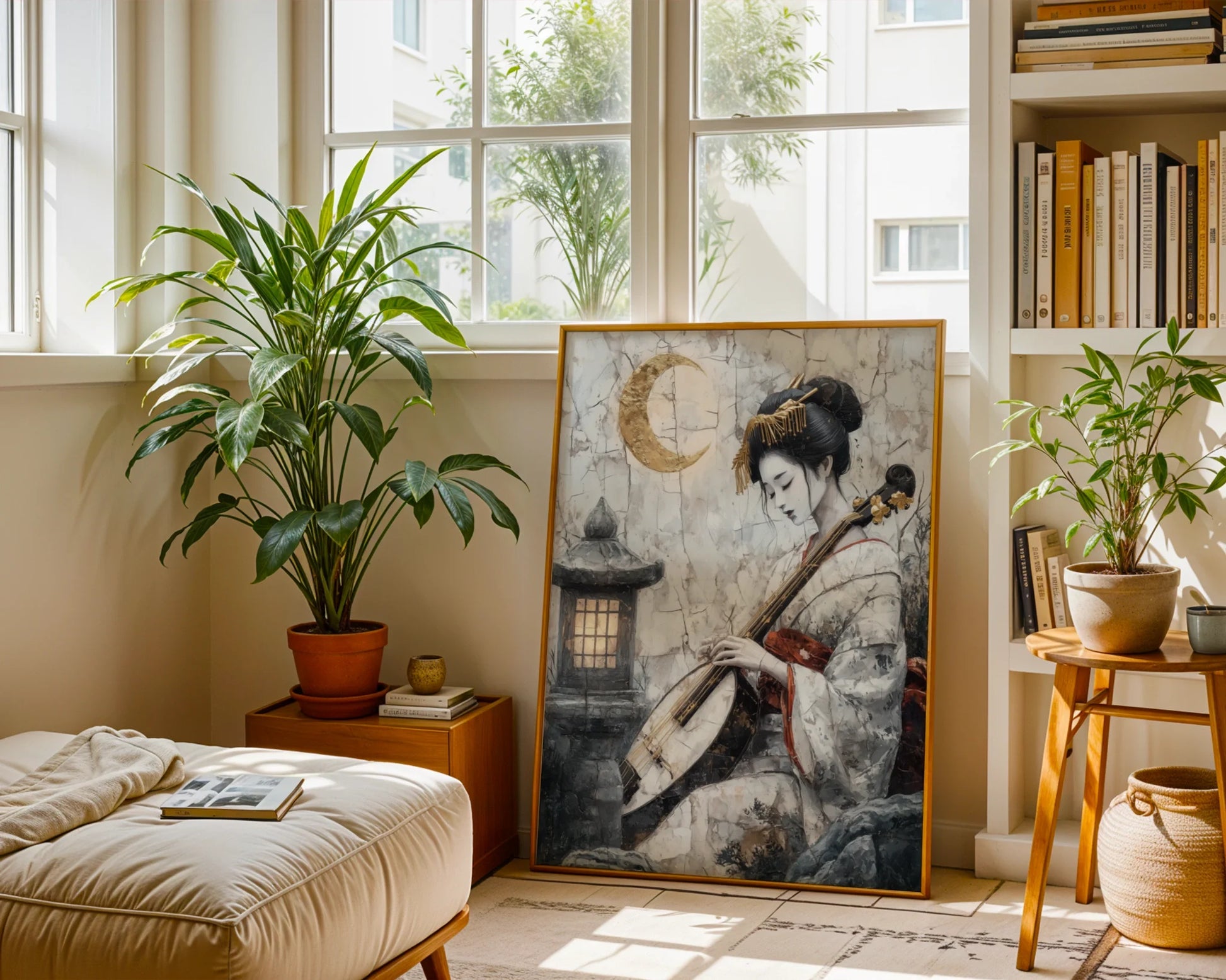 Japanese Geisha Musician Pipa Japandi Canvas Wall Art — Asian-influenced wall decor depicts moonlit performer creating tranquil atmosphere in styled interior