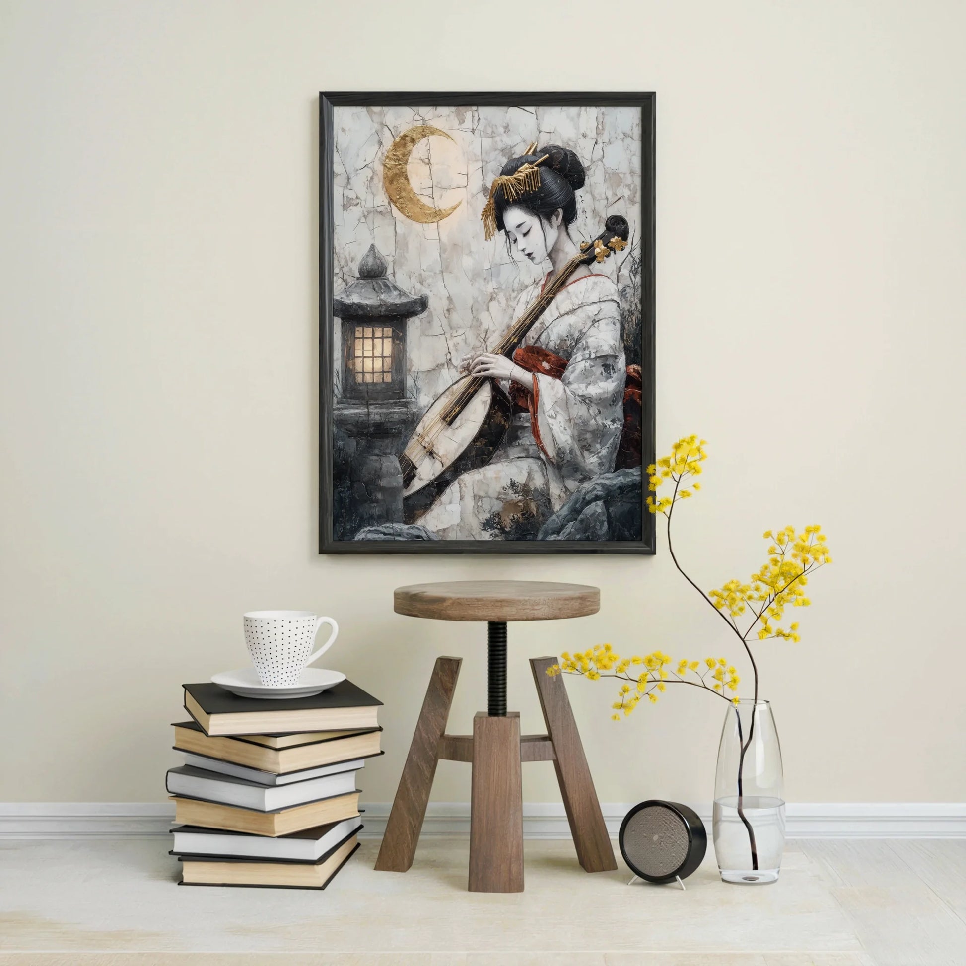 Japanese Geisha Musician Pipa Japandi Canvas Wall Art — Weathered pearl tones blend with burnt amber hues in textured canvas displayed against neutral walls