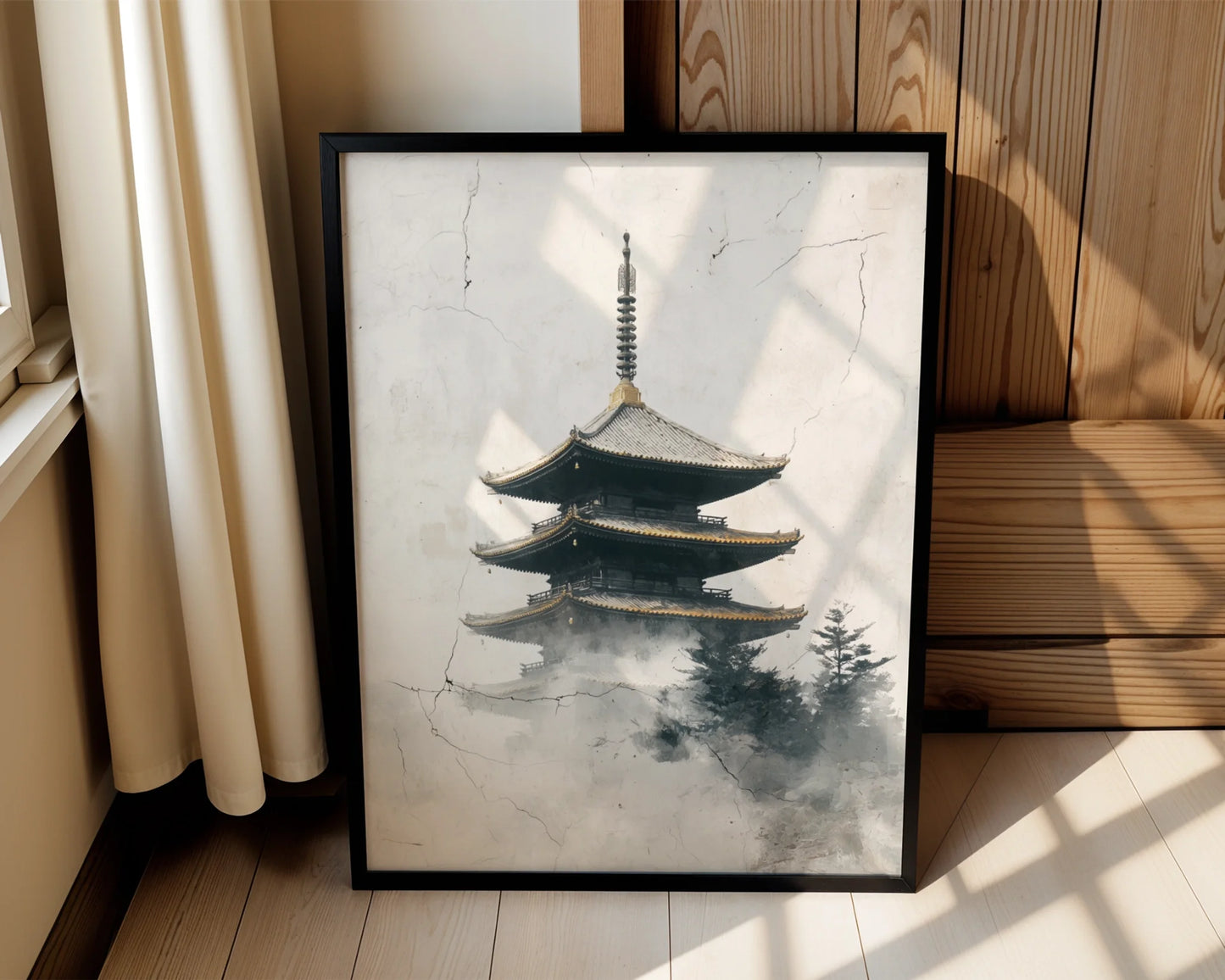 Asian Temple Art Misty Pagoda Japandi Canvas Wall Art — Zen-inspired artwork showing historic shrine wrapped in clouds for serene modern home styling