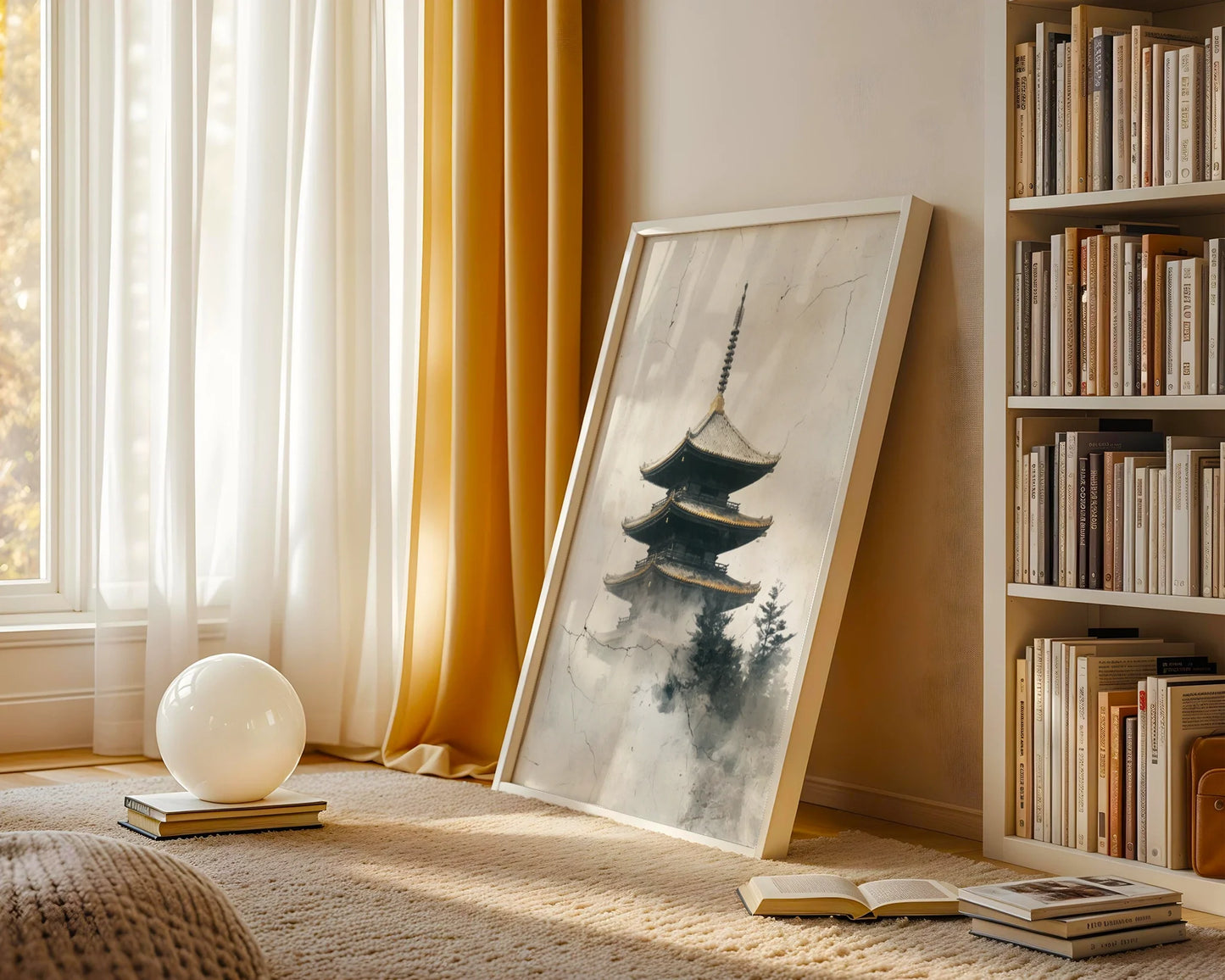 Asian Temple Art Misty Pagoda Japandi Canvas Wall Art — Wabi-sabi canvas displaying timeless sanctuary through atmospheric haze for minimalist living spaces