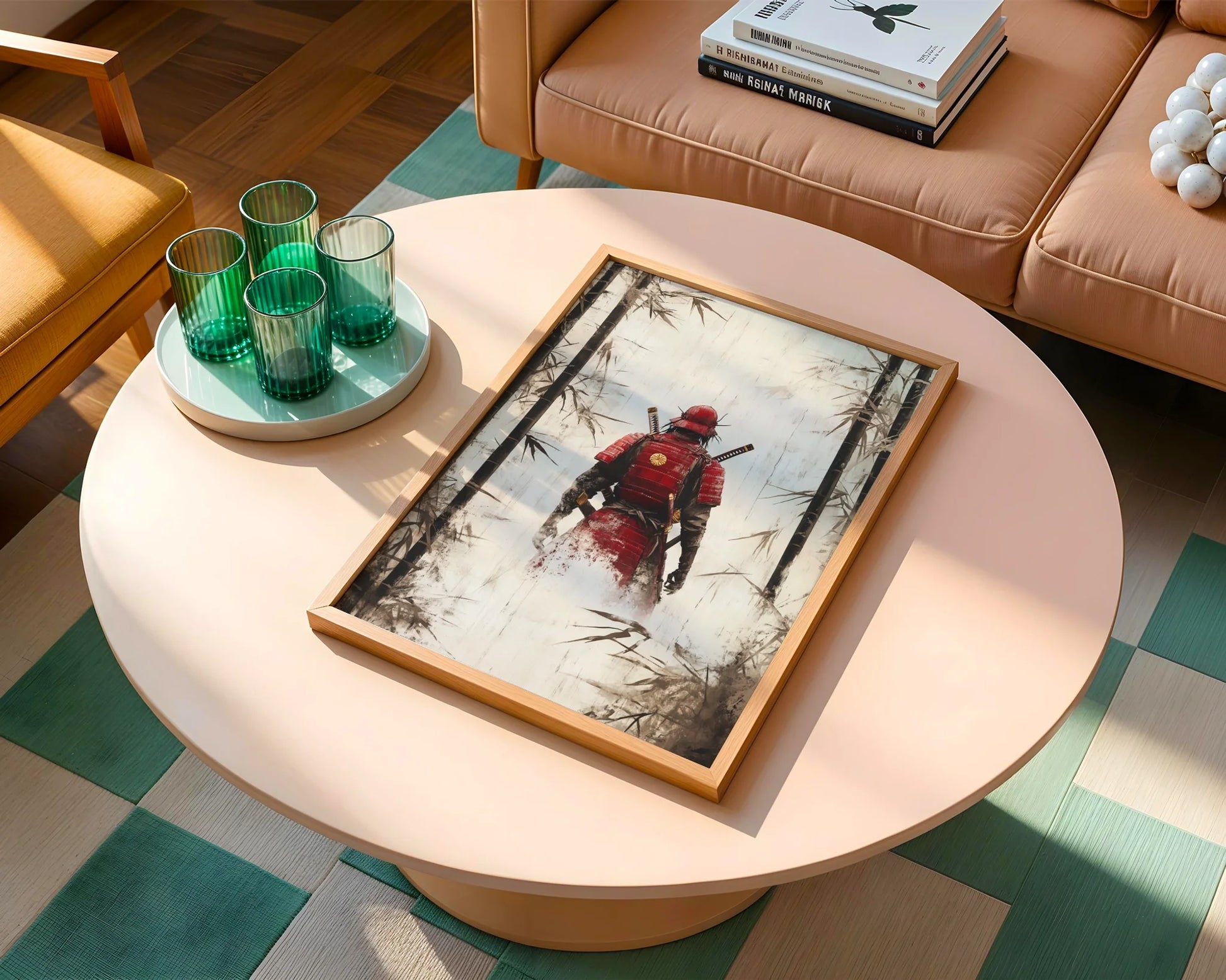 Samurai Warrior Bamboo Dissolving Battle Worn Canvas Wall Art — Zen interior showcasing canvas artwork of dissolving fighter emerging from misty bamboo forest