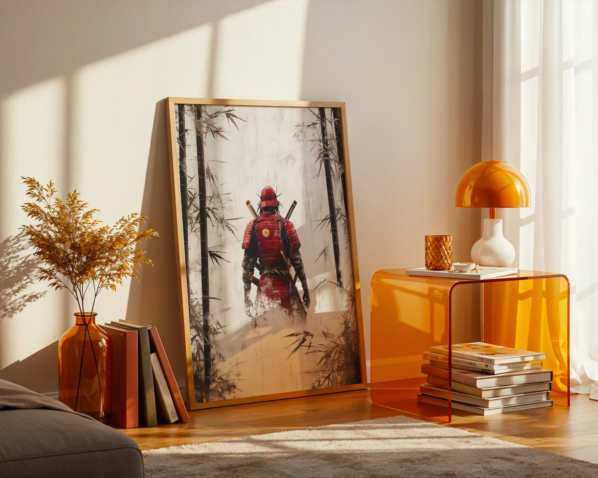 Samurai Warrior Bamboo Dissolving Battle Worn Canvas Wall Art — Wabi sabi styled space with textured canvas showing blade-wielding figure amid swirling nature