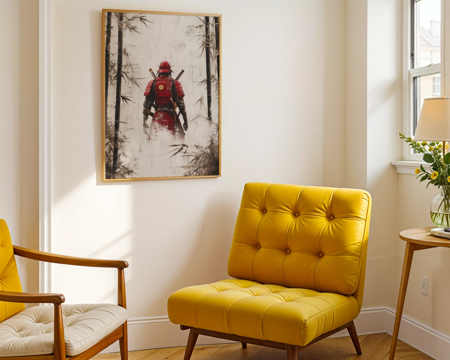 Samurai Warrior Bamboo Dissolving Battle Worn Canvas Wall Art — Japanese inspired room displaying canvas print of honorable fighter vanishing into foggy grove