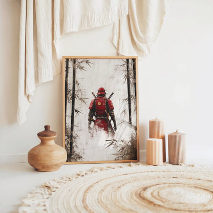 Samurai Warrior Bamboo Dissolving Battle Worn Canvas Wall Art — Crimson and cream toned canvas with rough parchment texture showing warrior dissolving into mist