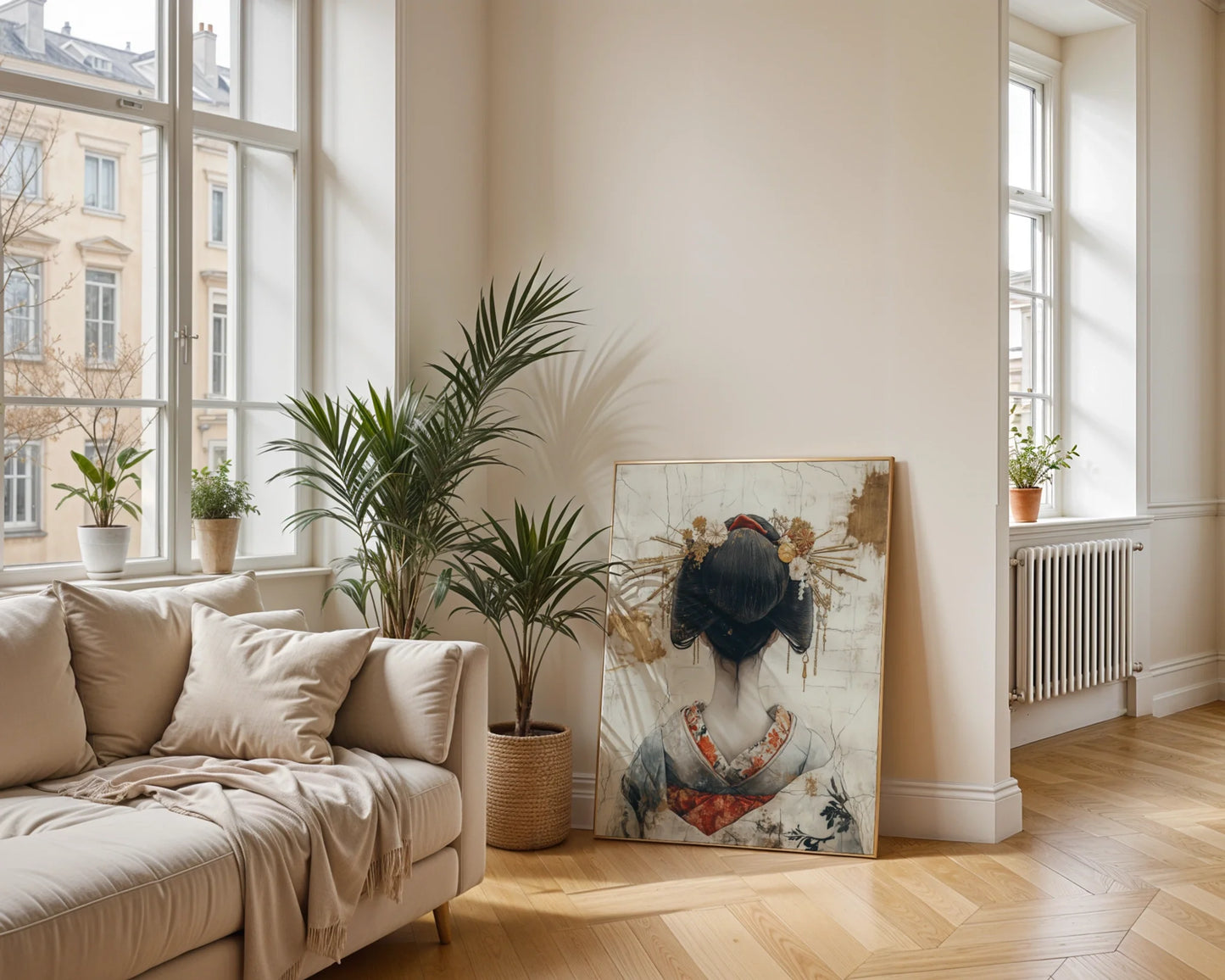 Japanese Geisha Hair Ornament Japandi Canvas Wall Art Print — Serene canvas featuring delicate hair accessories adding tranquil atmosphere to neutral home styling