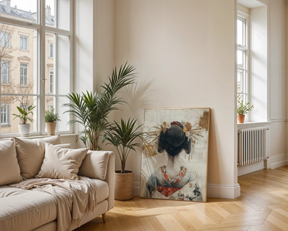 Japanese Geisha Hair Ornament Japandi Canvas Wall Art Print — Serene canvas featuring delicate hair accessories adding tranquil atmosphere to neutral home styling