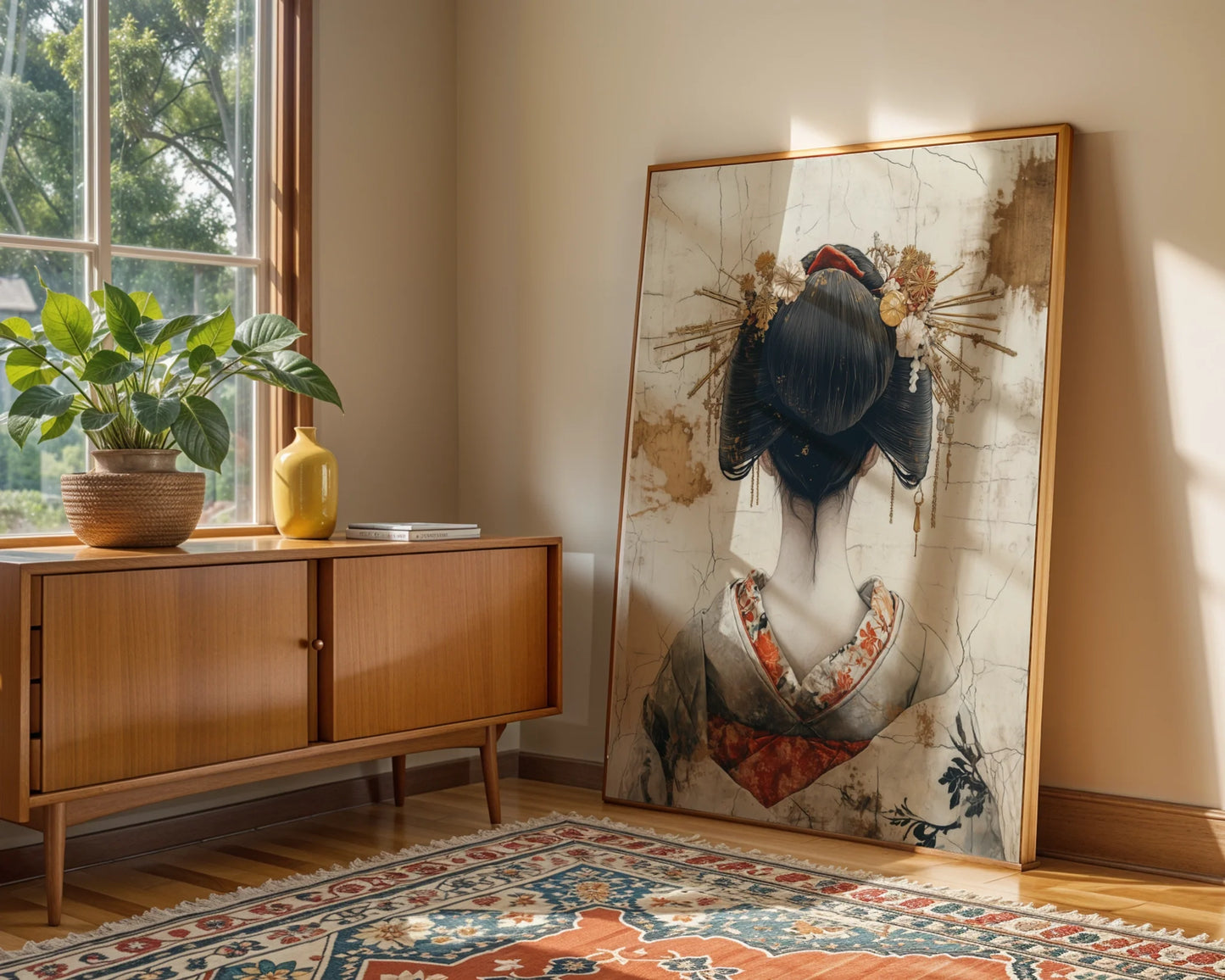 Japanese Geisha Hair Ornament Japandi Canvas Wall Art Print — Understated artwork capturing ornate styling elements ideal for calm minimalist interior aesthetics