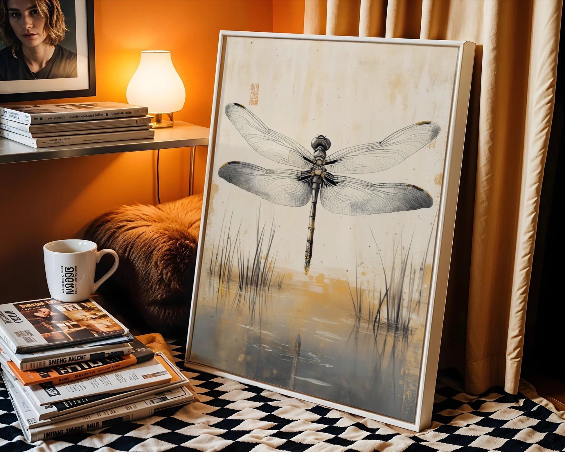 Dragonfly Wall Art Japandi Golden Hour Zen Canvas Print — Wabi sabi canvas displaying organic winged form floating above misty marsh landscape in muted tones