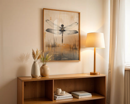 Dragonfly Wall Art Japandi Golden Hour Zen Canvas Print — Japanese-influenced print capturing graceful flying insect amid wetland scenery for calming interiors
