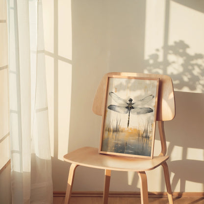 Dragonfly Wall Art Japandi Golden Hour Zen Canvas Print — Clean-lined decor piece highlighting nature's delicate creature in soft minimalist color palette