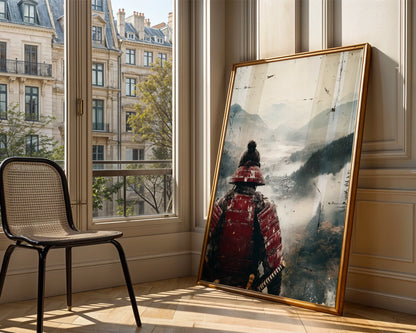 Samurai Warrior Mountain Japandi Crimson Armor in room