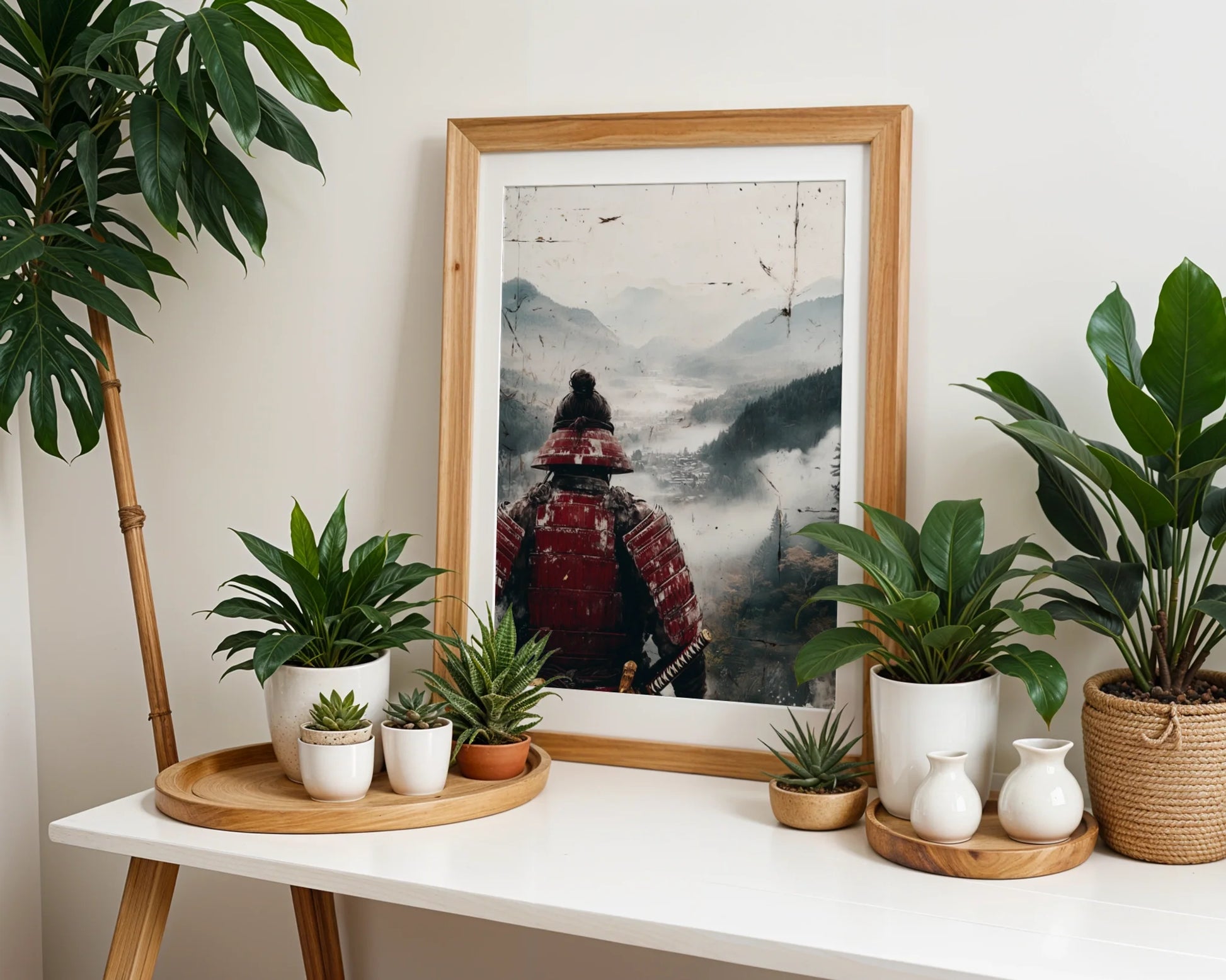 Samurai Warrior Mountain Japandi Crimson Armor in room