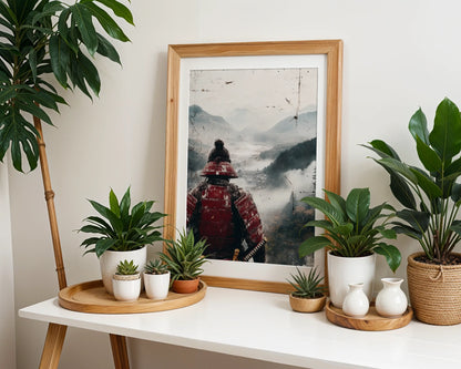 Samurai Warrior Mountain Japandi Crimson Armor in room