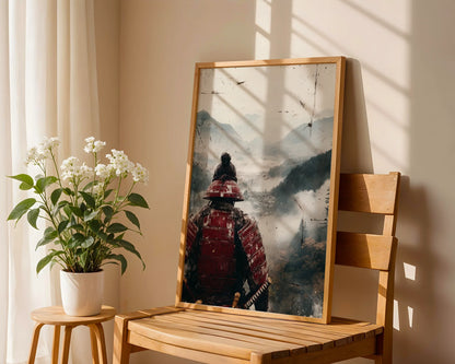 Samurai Warrior Mountain Japandi Crimson Armor in room