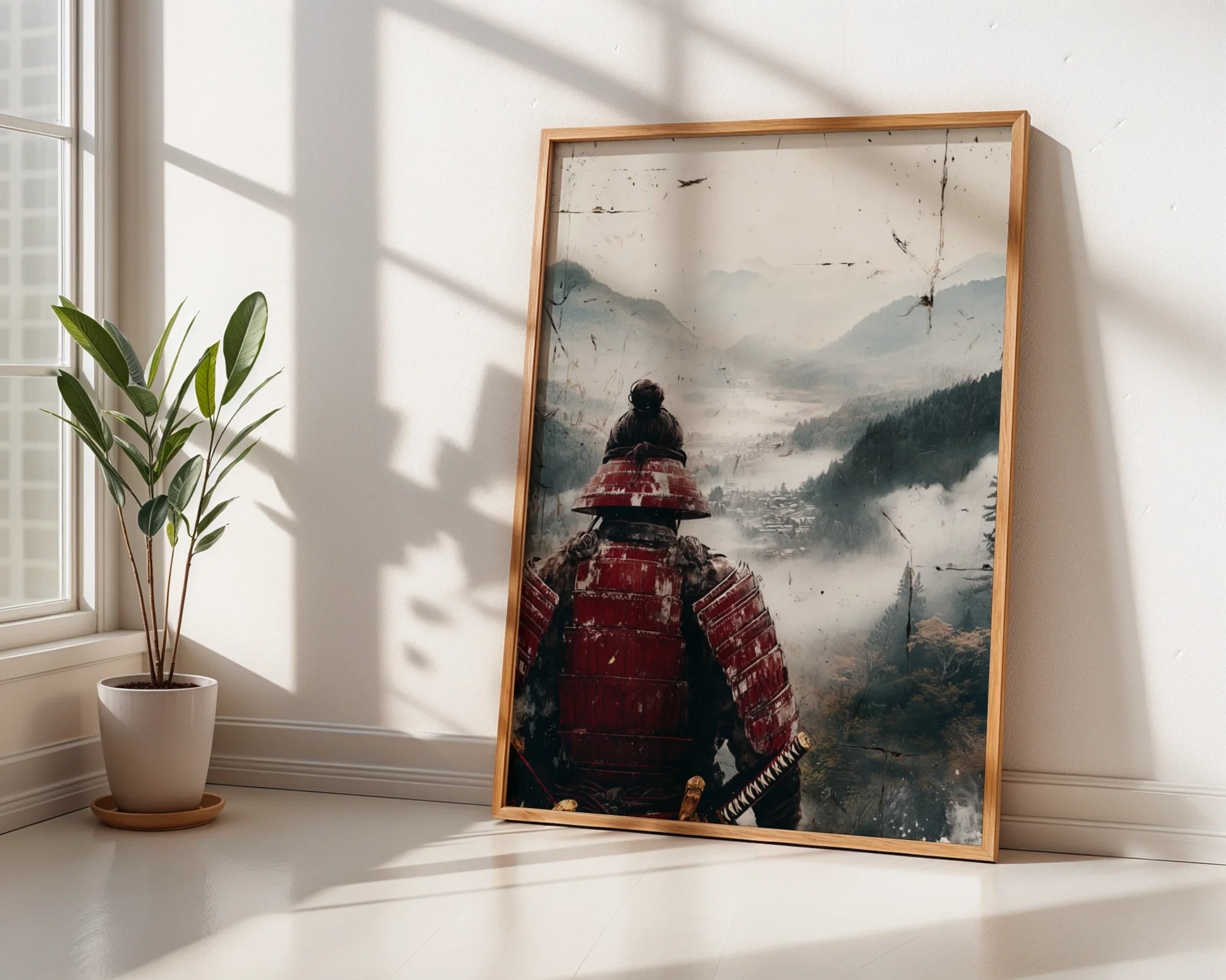 Samurai Warrior Mountain Japandi Crimson Armor in room