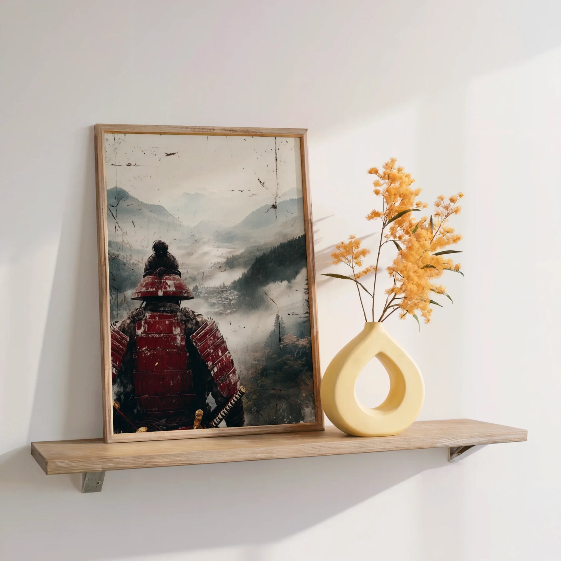 Samurai Warrior Mountain Japandi Crimson Armor Canvas Wall Art — Clean-lined canvas depicting blade-bearer watching over shrouded landscape for contemporary decor